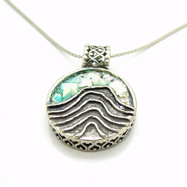 Pendant - Unique Silver Pendant Necklace With Roman Glass And Landscape Patterns