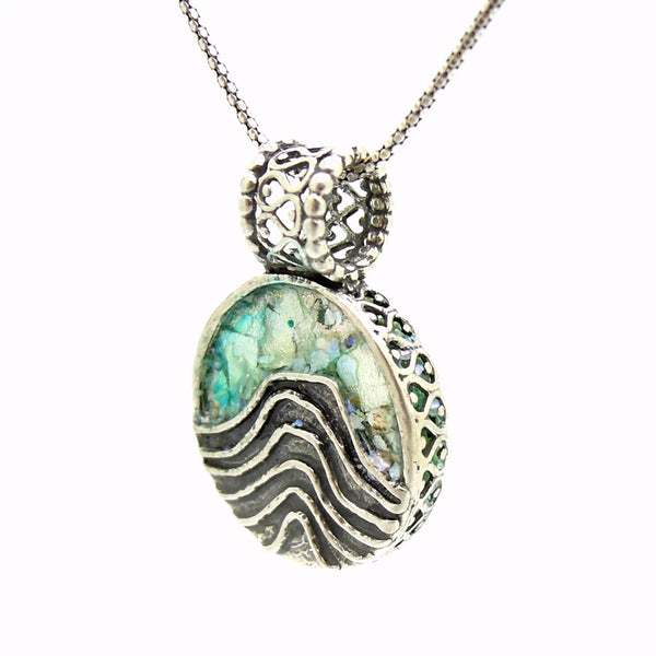 Pendant - Unique Silver Pendant Necklace With Roman Glass And Landscape Patterns