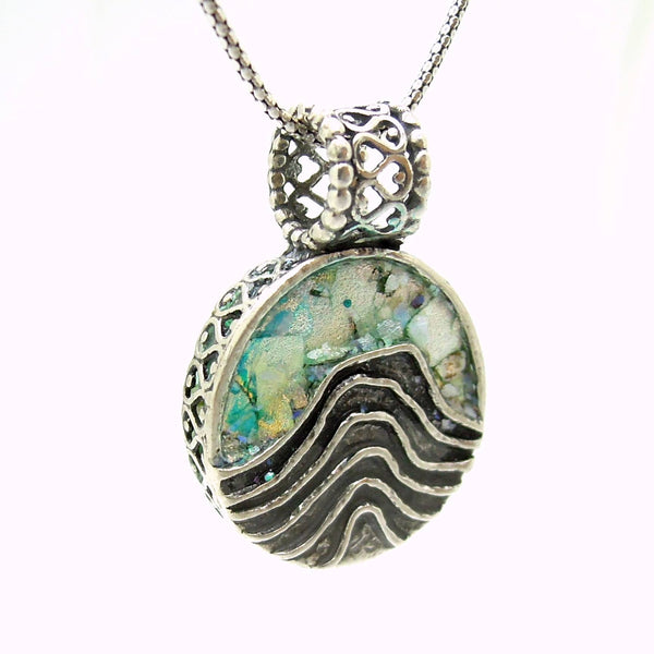 Pendant - Unique Silver Pendant Necklace With Roman Glass And Landscape Patterns