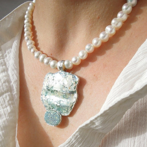 Pendant  - White Pearl Roman Glass Large Necklace With Blue Druzy Agat