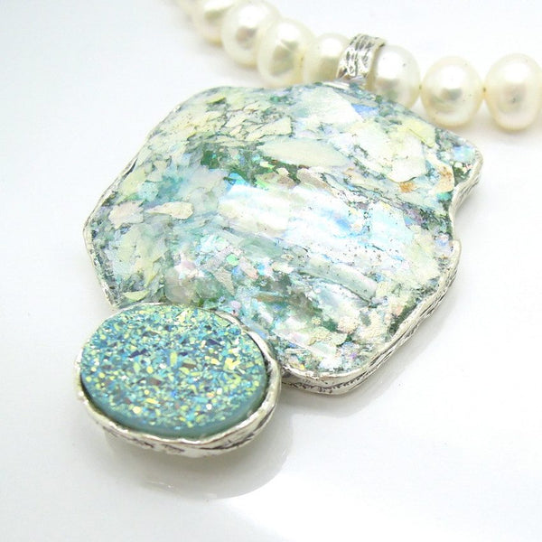 Pendant  - White Pearl Roman Glass Large Necklace With Blue Druzy Agat