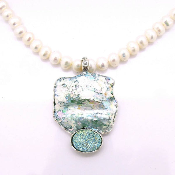 Pendant  - White Pearl Roman Glass Large Necklace With Blue Druzy Agat