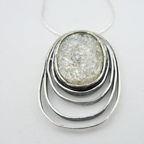 Roman Glass Jewelry, 925 Sterling Silver, Israeli Jewelry, Oval Unique Silver Pendant with Roman Glass, Handmade, Gift (rg 926p)