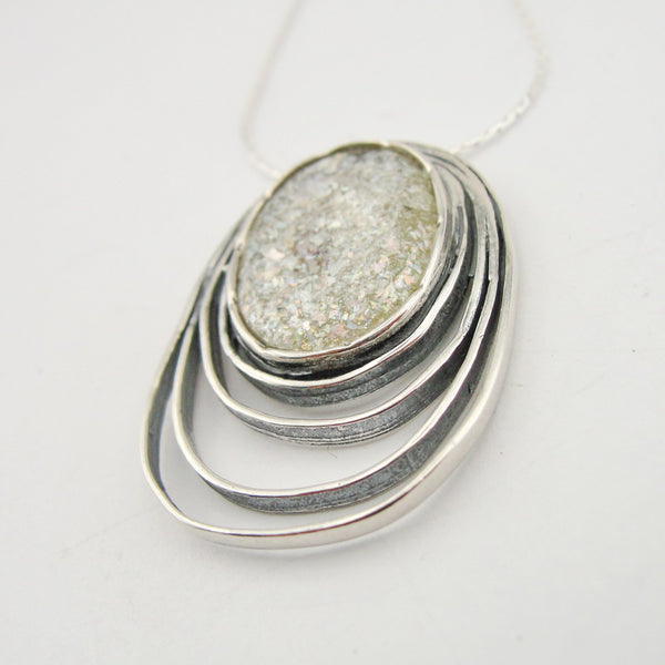 Roman Glass Jewelry, 925 Sterling Silver, Israeli Jewelry, Oval Unique Silver Pendant with Roman Glass, Handmade, Gift (rg 926p)