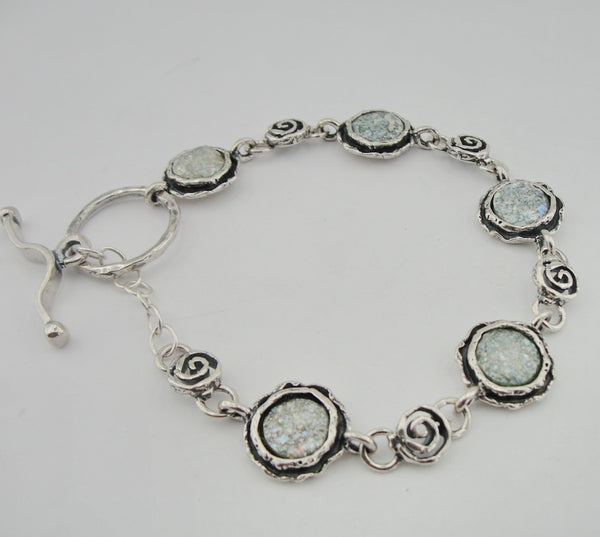 Silver Bracelet, Roman Glass Jewelry, Handmade, Gift, Israeli Jewelry, Sterling Silver 925, Round Bracelet Antigue Glass (rg 228b)