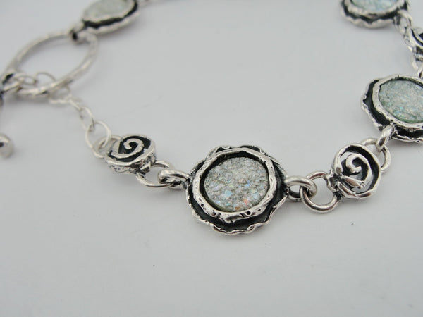 Silver Bracelet, Roman Glass Jewelry, Handmade, Gift, Israeli Jewelry, Sterling Silver 925, Round Bracelet Antigue Glass (rg 228b)