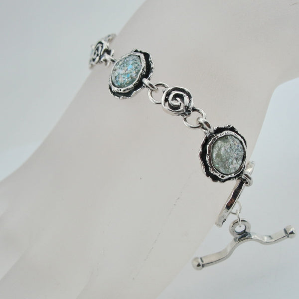 Silver Bracelet, Roman Glass Jewelry, Handmade, Gift, Israeli Jewelry, Sterling Silver 925, Round Bracelet Antigue Glass (rg 228b)