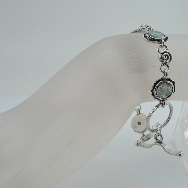 Silver Bracelet, Roman Glass Jewelry, Handmade, Gift, Israeli Jewelry, Sterling Silver 925, Round Bracelet Antigue Glass (rg 228b)