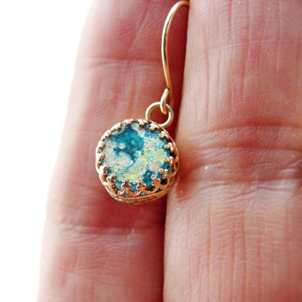 Roman Glass Jewelry, Small Earrings, Sterling Silver 925, Gift for Her, Gold Plated, Earrings with Roman Glass (rg 722egp)