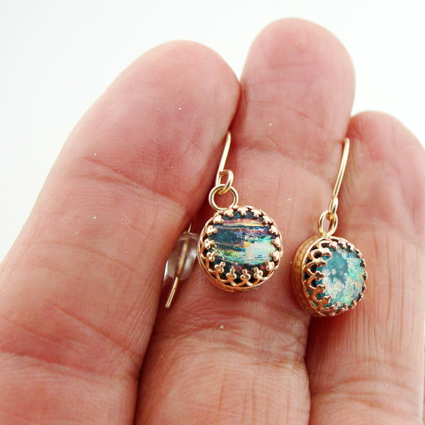 Roman Glass Jewelry, Small Earrings, Sterling Silver 925, Gift for Her, Gold Plated, Earrings with Roman Glass (rg 722egp)