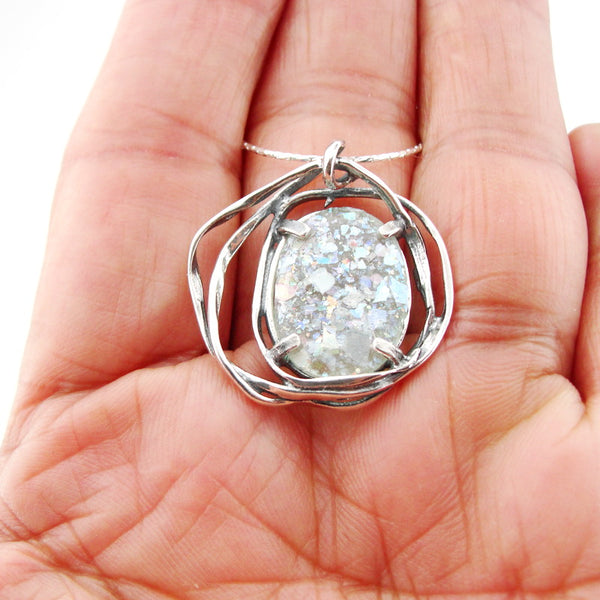 Roman Glass Jewelry, 925 Sterling Silver, Israeli Jewelry, Oval Unique Silver Pendant with Roman Glass, Handmade, Gift (rg 757p)