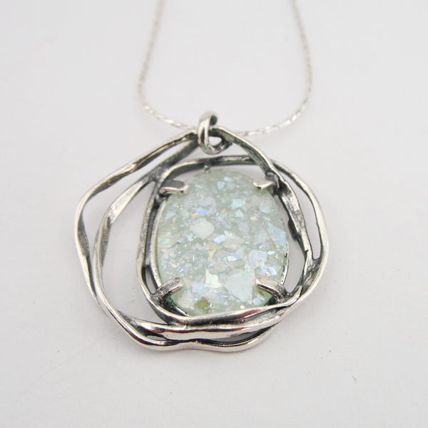 Roman Glass Jewelry, 925 Sterling Silver, Israeli Jewelry, Oval Unique Silver Pendant with Roman Glass, Handmade, Gift (rg 757p)