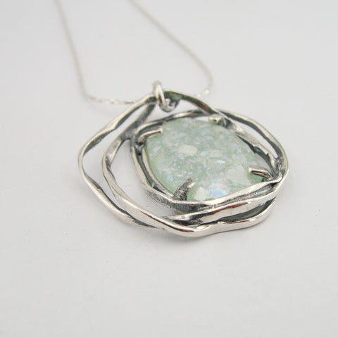 Roman Glass Jewelry, 925 Sterling Silver, Israeli Jewelry, Oval Unique Silver Pendant with Roman Glass, Handmade, Gift (rg 757p)