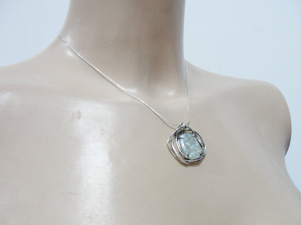 Roman Glass Jewelry, 925 Sterling Silver, Israeli Jewelry, Oval Unique Silver Pendant with Roman Glass, Handmade, Gift (rg 757p)
