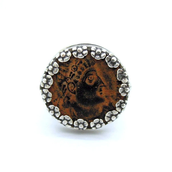 Ring - Authentic Ancient Late Roman Coin Ring Set In Silver With Flowers
