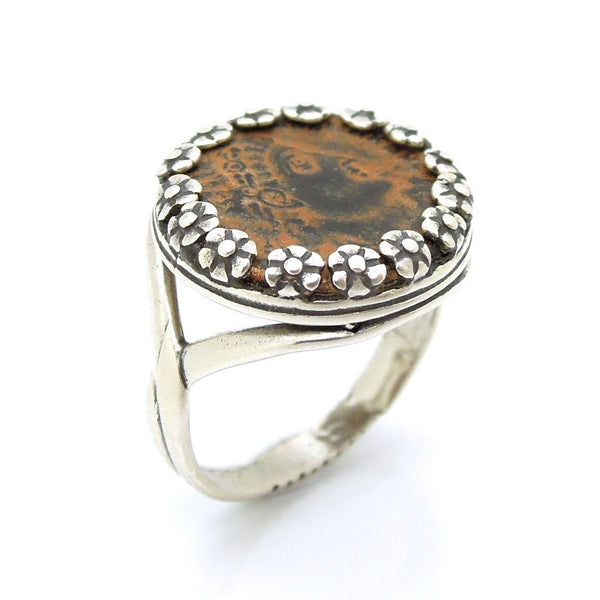 Ring - Authentic Ancient Late Roman Coin Ring Set In Silver With Flowers