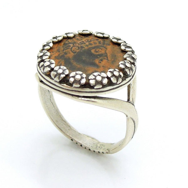 Ring - Authentic Ancient Late Roman Coin Ring Set In Silver With Flowers