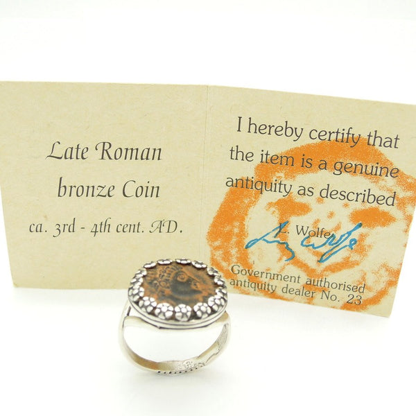 Ring - Authentic Ancient Late Roman Coin Ring Set In Silver With Flowers