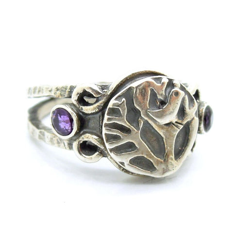 Ring - Bird On A Tree Silver Ring With Amethyst