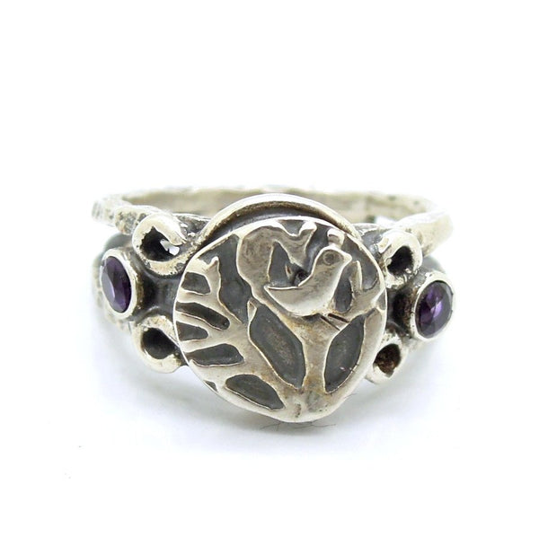 Ring - Bird On A Tree Silver Ring With Amethyst