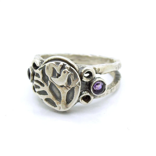 Ring - Bird On A Tree Silver Ring With Amethyst