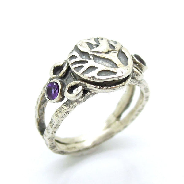 Ring - Bird On A Tree Silver Ring With Amethyst