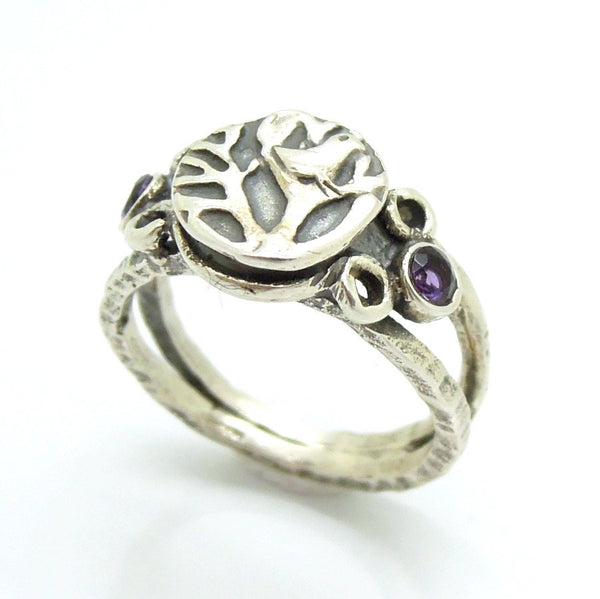 Ring - Bird On A Tree Silver Ring With Amethyst