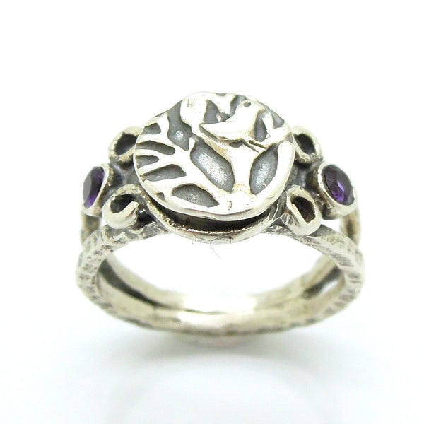 Ring - Bird On A Tree Silver Ring With Amethyst