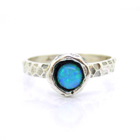 Ring - Blue Opal Ring Set In Hammered Sterling Silver, Stacking Ring