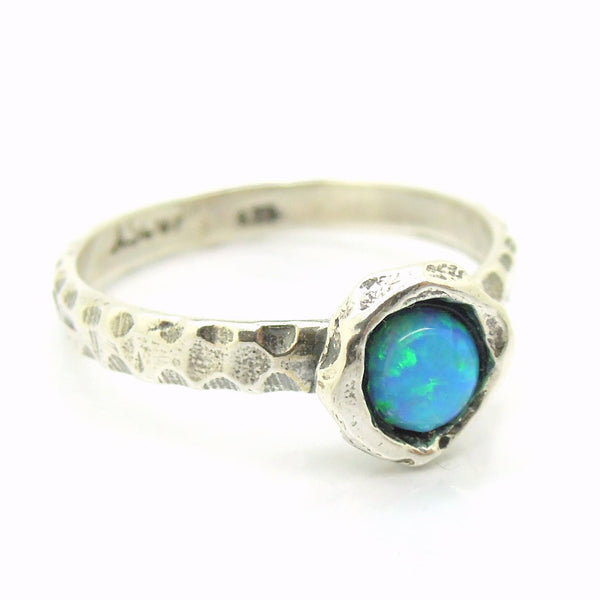 Ring - Blue Opal Ring Set In Hammered Sterling Silver, Stacking Ring