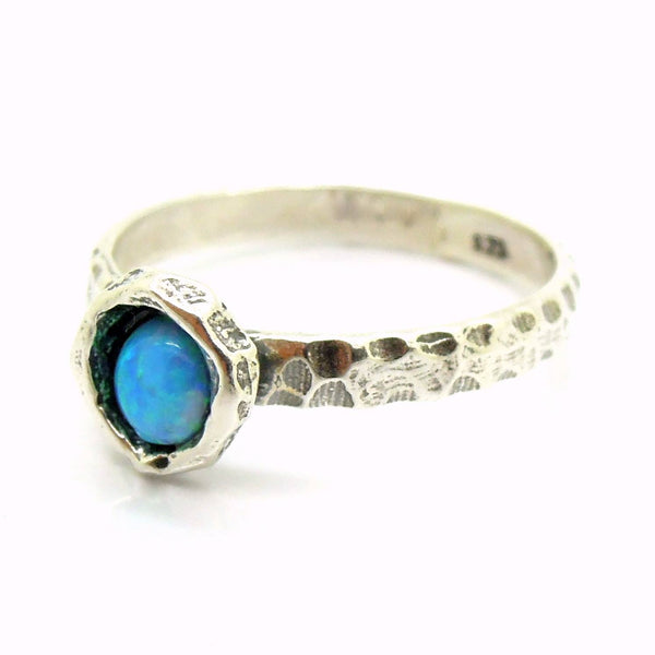 Ring - Blue Opal Ring Set In Hammered Sterling Silver, Stacking Ring