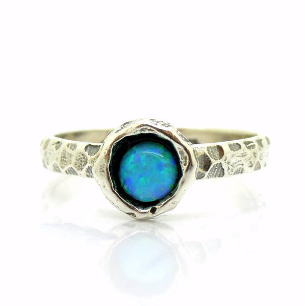 Ring - Blue Opal Ring Set In Hammered Sterling Silver, Stacking Ring