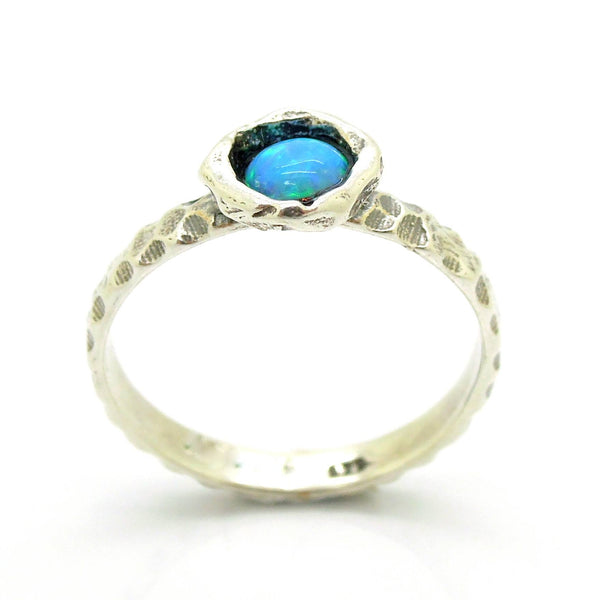 Ring - Blue Opal Ring Set In Hammered Sterling Silver, Stacking Ring
