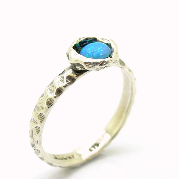 Ring - Blue Opal Ring Set In Hammered Sterling Silver, Stacking Ring