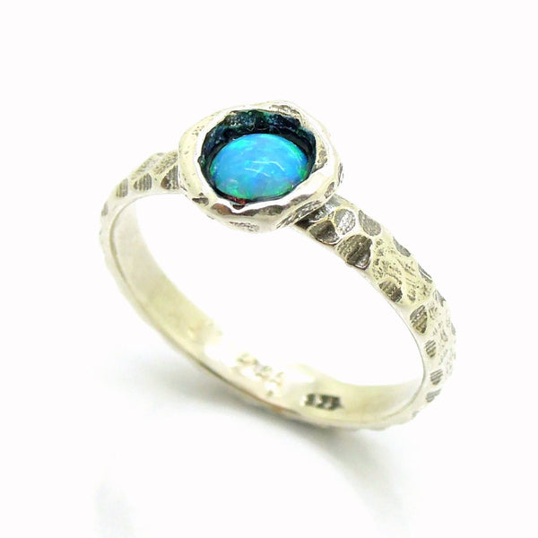 Ring - Blue Opal Ring Set In Hammered Sterling Silver, Stacking Ring