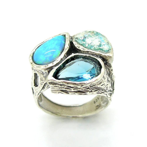 Ring - Drop Shape Opal, Blue Quartz And Roman Glass Silver Ring