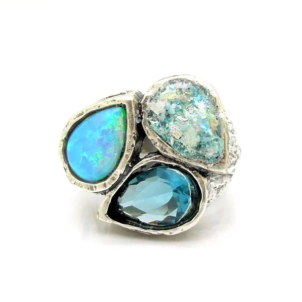 Ring - Drop Shape Opal, Blue Quartz And Roman Glass Silver Ring