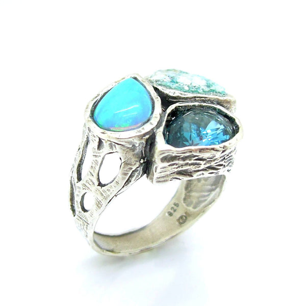 Ring - Drop Shape Opal, Blue Quartz And Roman Glass Silver Ring
