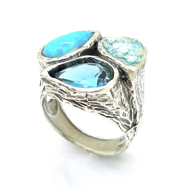 Ring - Drop Shape Opal, Blue Quartz And Roman Glass Silver Ring