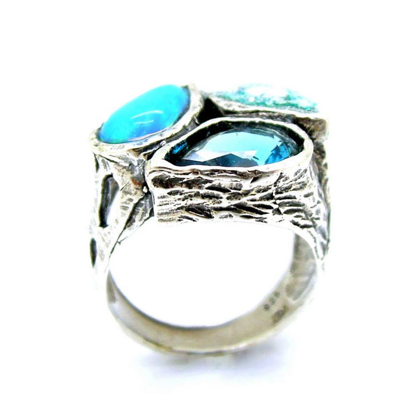 Ring - Drop Shape Opal, Blue Quartz And Roman Glass Silver Ring