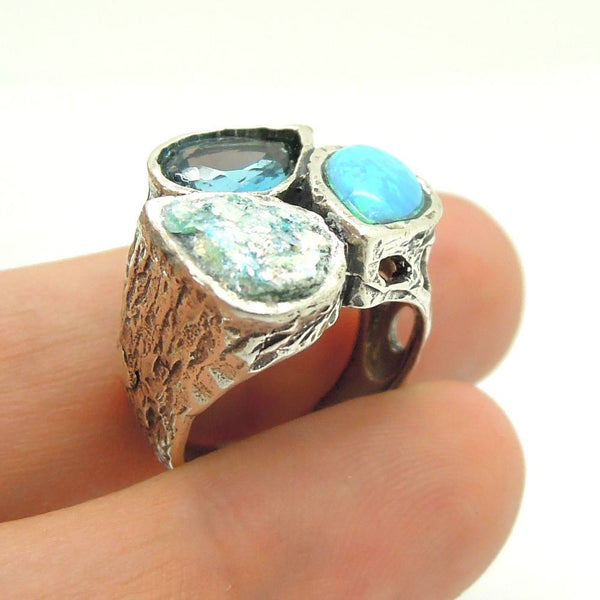 Ring - Drop Shape Opal, Blue Quartz And Roman Glass Silver Ring