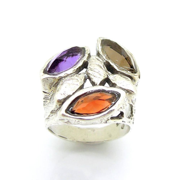 Ring - Drop Shape Opal, Blue Quartz And Roman Glass Silver Ring