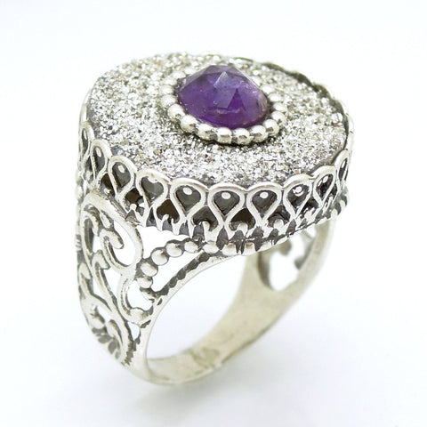 Ring - Druzy Agate & Amethyst Set In A Large Filigree Silver Ring