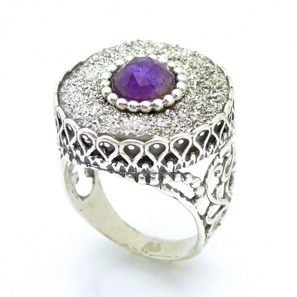 Ring - Druzy Agate & Amethyst Set In A Large Filigree Silver Ring