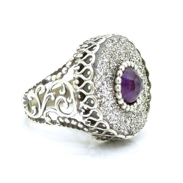 Ring - Druzy Agate & Amethyst Set In A Large Filigree Silver Ring