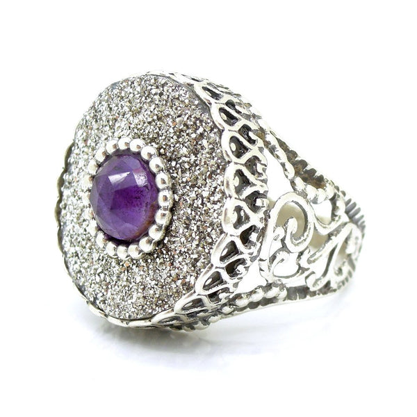 Ring - Druzy Agate & Amethyst Set In A Large Filigree Silver Ring