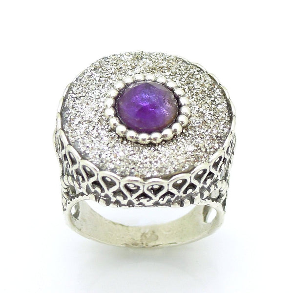 Ring - Druzy Agate & Amethyst Set In A Large Filigree Silver Ring
