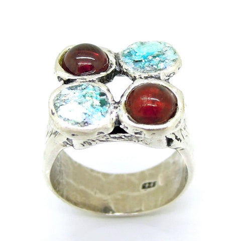 Ring - Garnet And Roman Glass Silver Ring