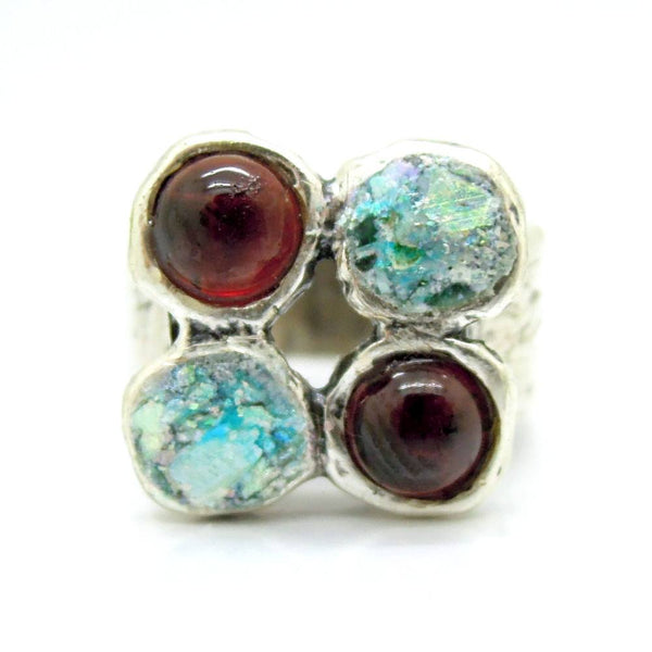 Ring - Garnet And Roman Glass Silver Ring