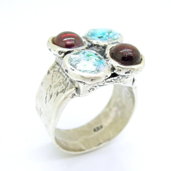 Ring - Garnet And Roman Glass Silver Ring